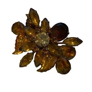 Vintage Flower Leaves Brooch Rhinestones Amber Gold Brown Clear Unsigned